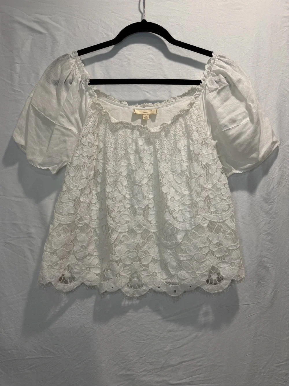 Anthropologie White Lace Puff-Sleeve Peasant Top